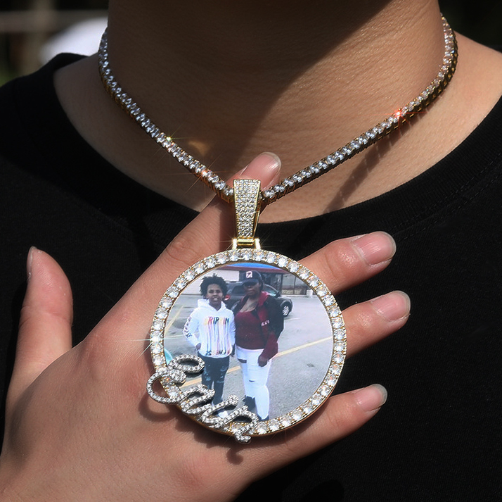 Custom Photo and Name Round Pendant Necklace 14K Gold New In Personalized Full CZ Stones Cubic Zirconia Diy Picture Collar Hip Hop Rapper Jewelry Gift