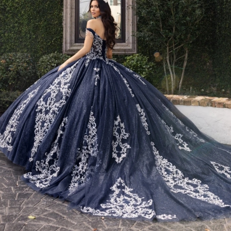2025 Navy Blue Quinceanera Dresses Ball Gown Silver Lace Applique Beading Sweet 16 Dress Vestidos De 15 Anos
