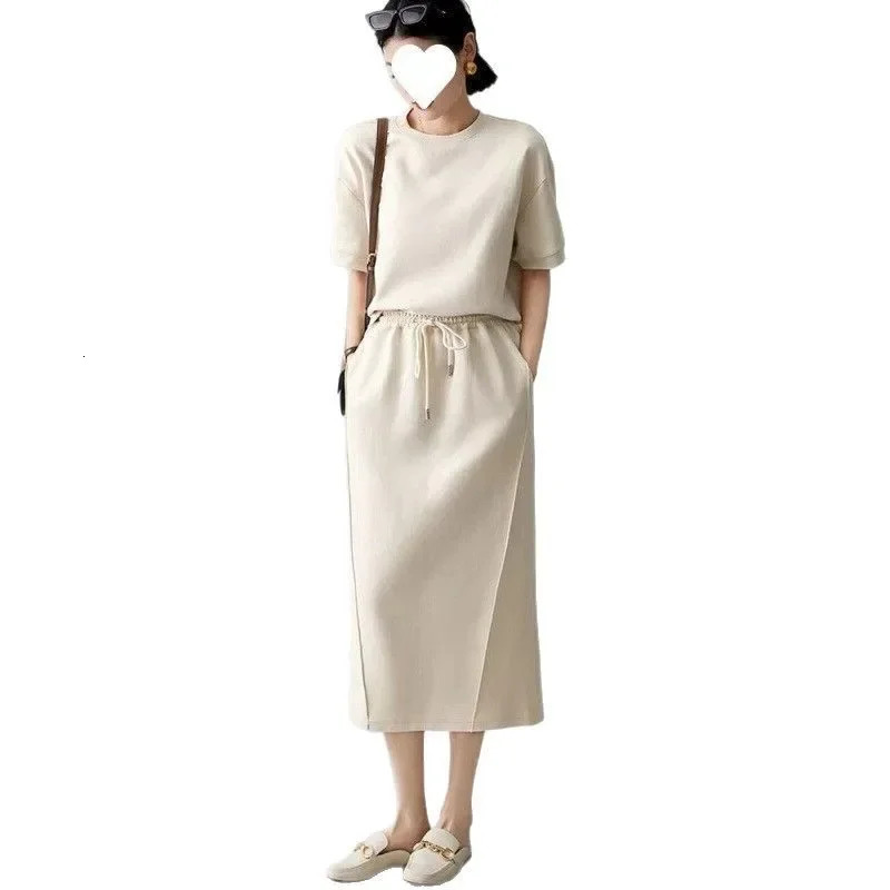 Casual Fashion AntiAging Set Skirt Women Summer Loose Slim Short Sleeve Top Split Halflength Twopiece 250614