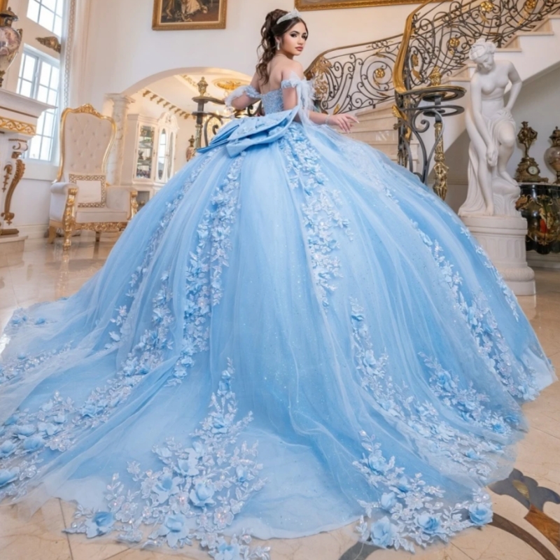 Glitter Sky Blue Quinceanera Dresses Ball Gown Floral Applique Beading Bow Sweet 16 Dress Vestidos De 15 Anos