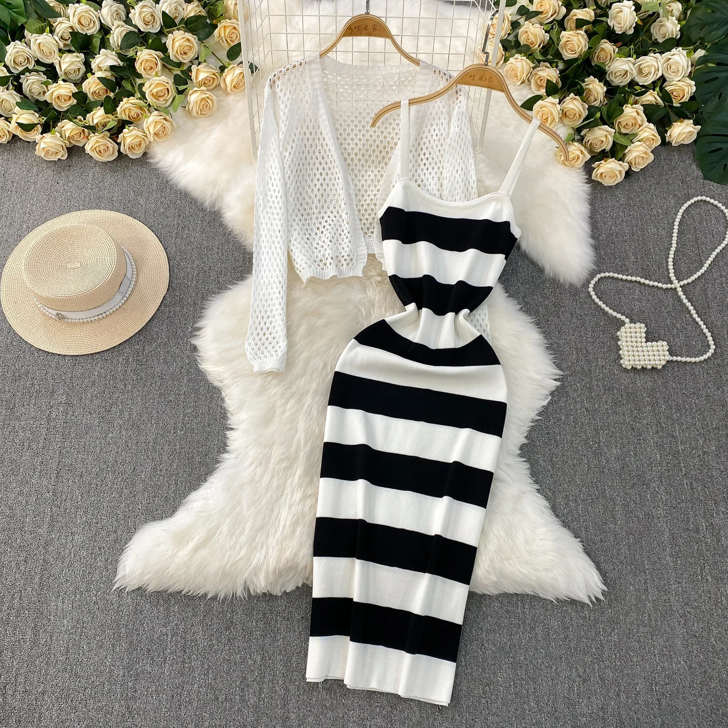 2025 Summer Women Hollow Out Knitted Solid Cardigan Tops Elatic Waist Bodycon Striped Strap Dress Two Pieces Sets 250614