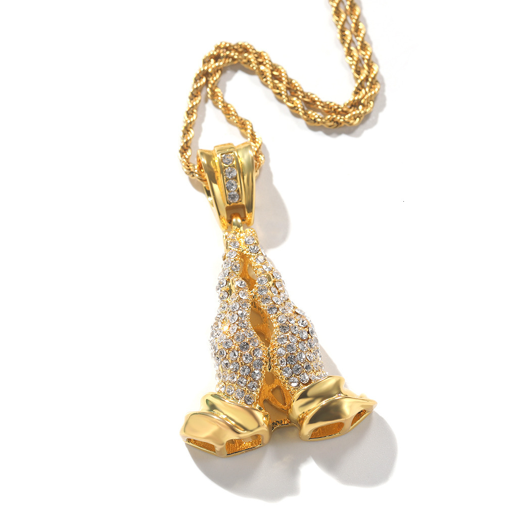 14K Gold Small Prayer Hands Pendant Necklace Sweater Chain Mens Hip Hop Rapper Rhinestone Alloy Accessory Collar Party Jewelry Accessories Bijoux Gift