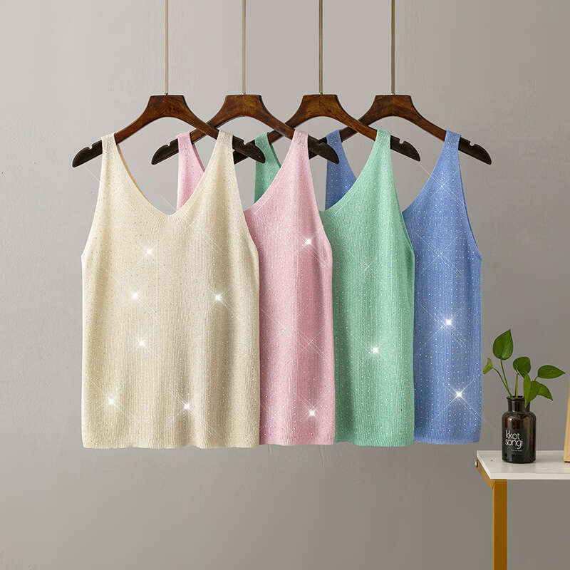 2023 Summer New Ice Silk Knitted Camisole with Shiny Thread Rhinestones, V-neck, Solid Color, Slim Fit, Sexy and Fashionable Tank Top