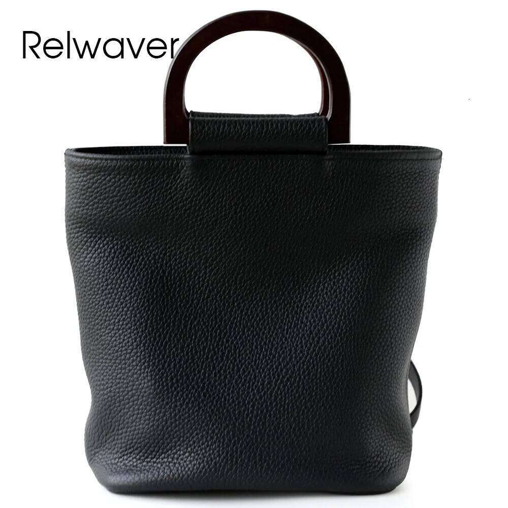 Luxury Designer bags Relwaver women tote genuine leather bucket 2005 autumn winter small shoulder wooden handle cross body bag