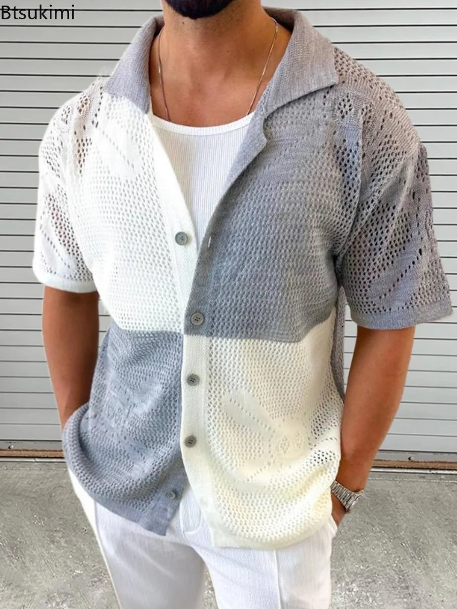 2025 Vintage Knit Hollow Out Shirt for Men Fashion Contrast Color Loose Casual Short Sleeve Cardigan Tops Male Polo Shirt 250617