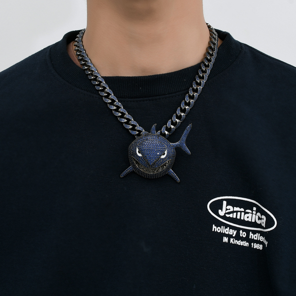 Luxury Moissanite Bling Iced Out Oversized Deep Blue Shark Pendant Diamond Studded Streetwear Hip Hop Fashion Accessory Pass the diamond tester