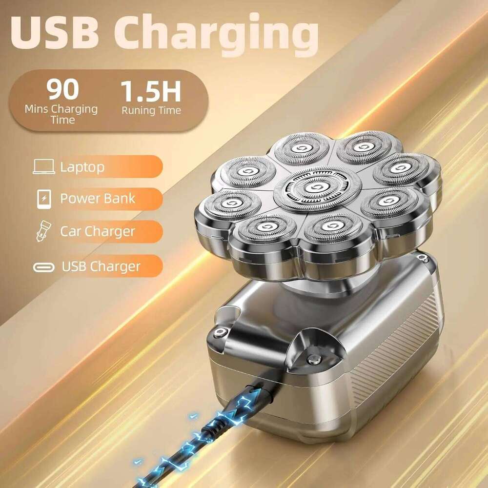 9D Shavers For Bald Men 5 In 1 Detachable Head With LED Display Ipx7 Waterproof Wet Dry Rechargeable Electric Shaver