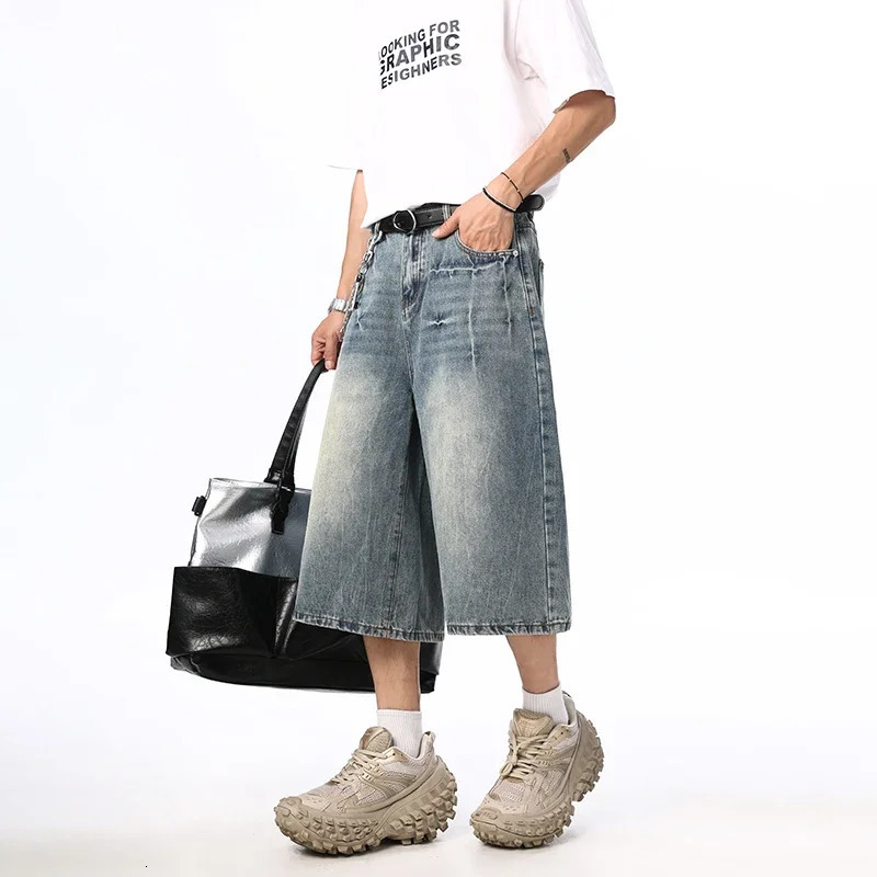 Y2k Oversized Mens Wide Shorts Summer Vintage Loose Calf-length Denim Pants Lightning Cracked Washed Baggy Jeans Streetwear 250617