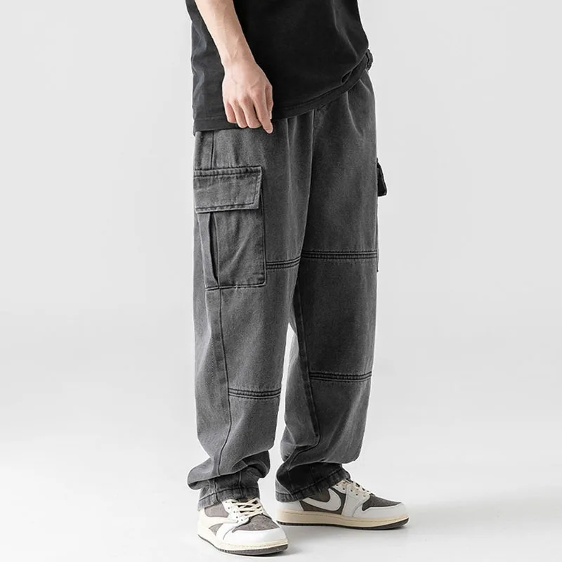 MenS Multi Pocket Jeans Vintage Distressed Loose Workwear Pants Korean Casual Drawstring Straight Leg Pants Wide Leg Pants 250624