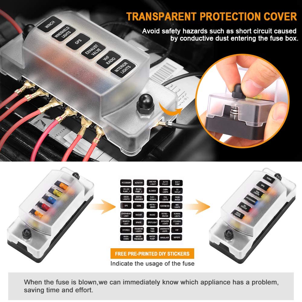 6 Way 12 Way Fuse Block Blade Fuse Box with Negative Bus, Waterproof Protection Cover Sticker Labels for 12V/24V Automotive Car Truck Boat Marine RV