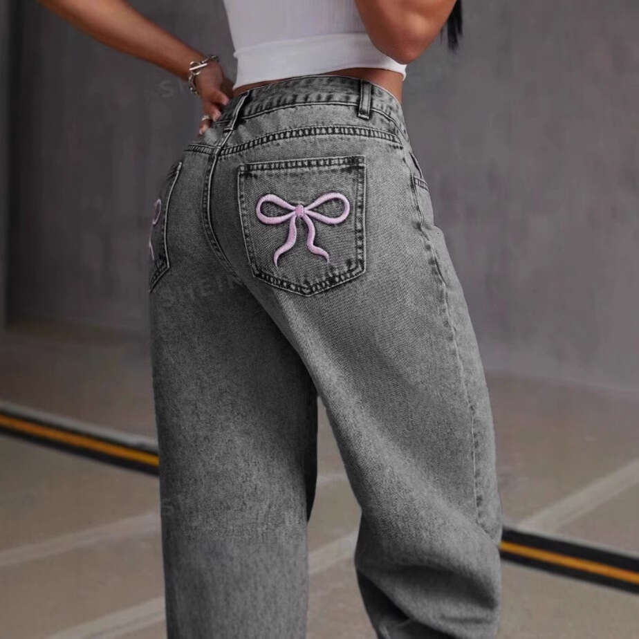 Bowknot Embroidered Washed Jeans For Women American Sweet And Spicy Style Straight Loose Long Pants B5