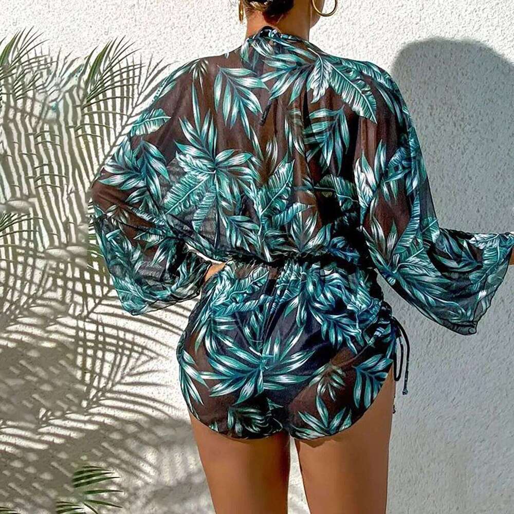 Sexy Beach Bikinis Three Pieces Cover Up High Waisted Bikini Set Women Swimwear Print