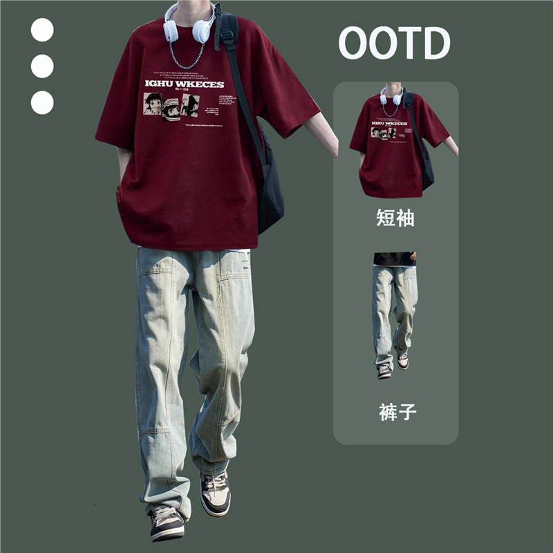 Summer Burgundy Heavy Short Sleeve Men's Youth Short Sleeve Long Pants Stylish European and American Three-Piece Set Men's Fashion Suit