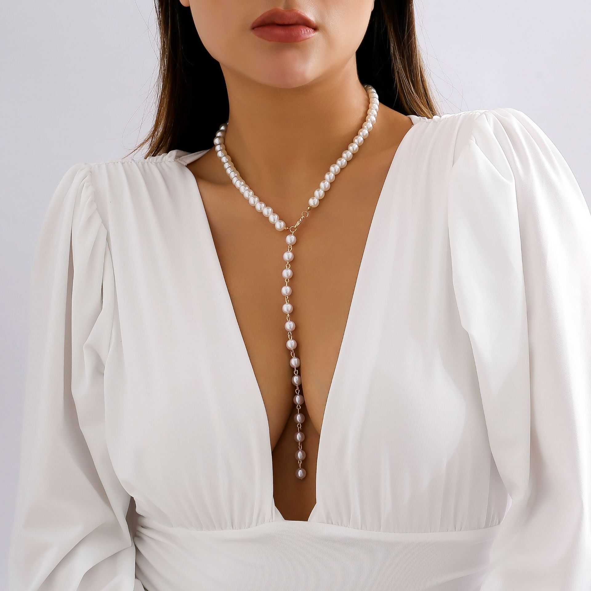 Jewelry French Y-shaped Beaded Elegant Long Faux Pearl Tassel Necklace for Women