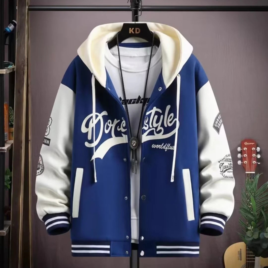 Mens Hooded Baseball Jersey Autumn Korean Casual Jacket Harajuku High Street Fashion Clothing Quality Coat 250614