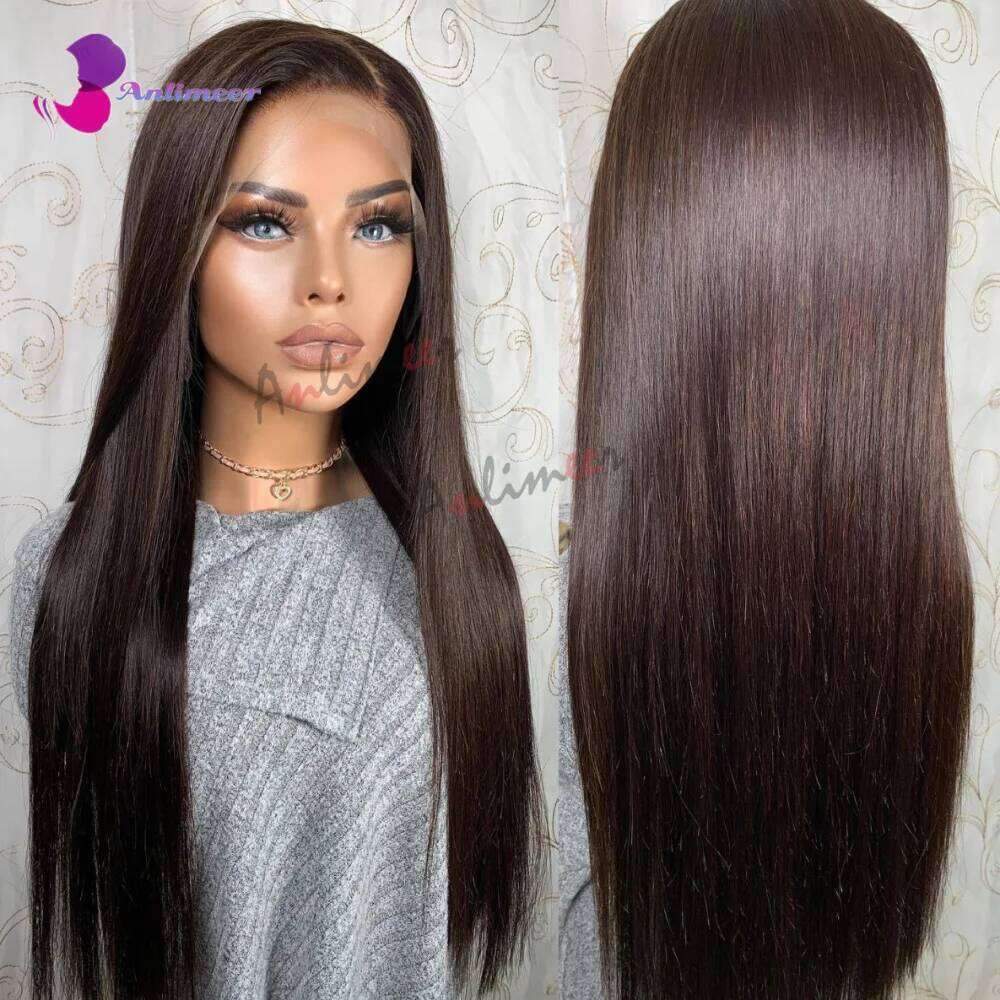 Darkest Brown Human Hair Black Pure 2# Colored Long Straight Left Side Part Wigs for Women