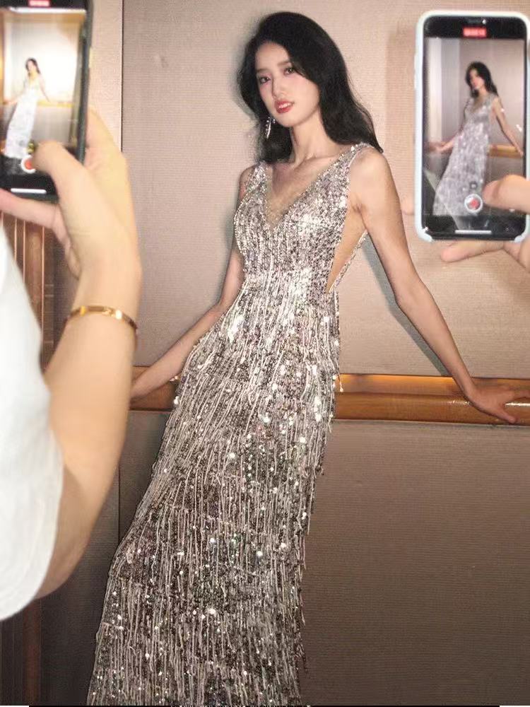 Silver tassel sequined bridal toasting dress 2025 new style elegant banquet high-end V-neck mermaid evening gown for women