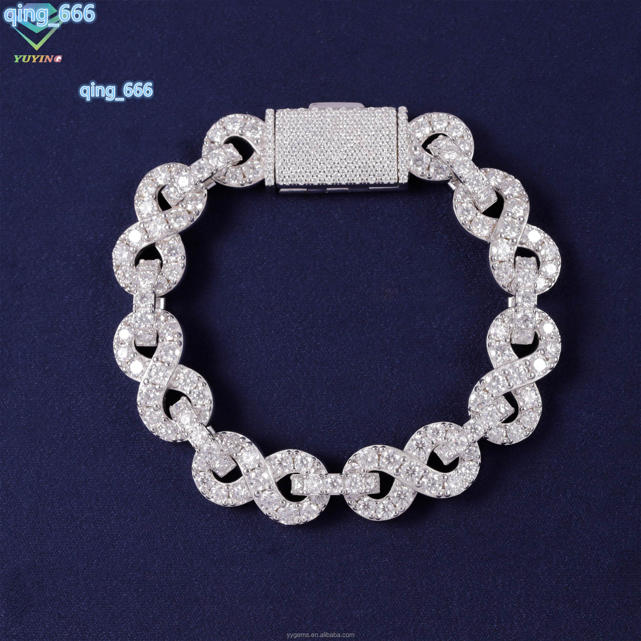 Yu Ying Custom Pass Diamond test Moissanite White Gold Plated 925 Silver 13mm Infinity Link Bracelets Men Jewelry Cuban Bracelet