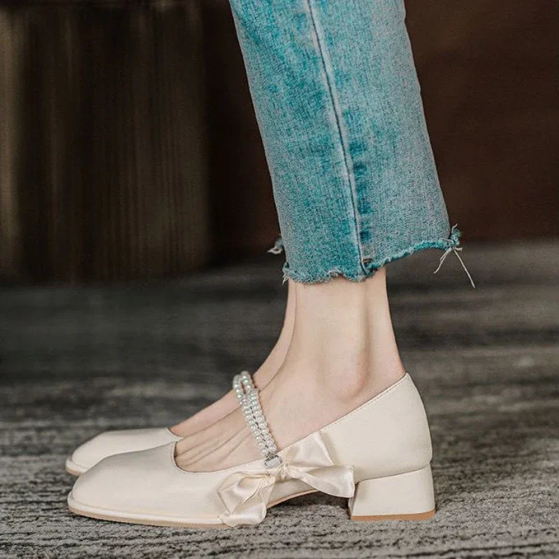 Ladies Pumps with Medium Heels Womens Shoes Gothic Moccasins Bow Square Japanese Style Lolita Toe Mary Jane on Sale 39 Korean 250624