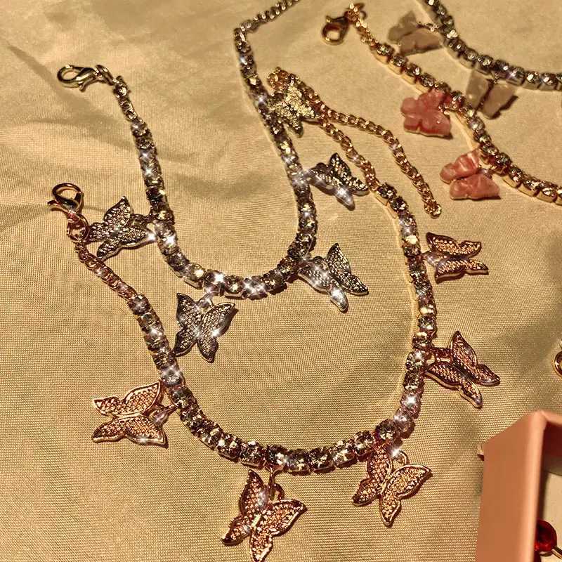INS Fashion Butterfly Anklet Rhinestone Tennis Chain Foot Chain Jewelry for Women Summer Beach Anklet Butterfly Barefoot Chain U250624