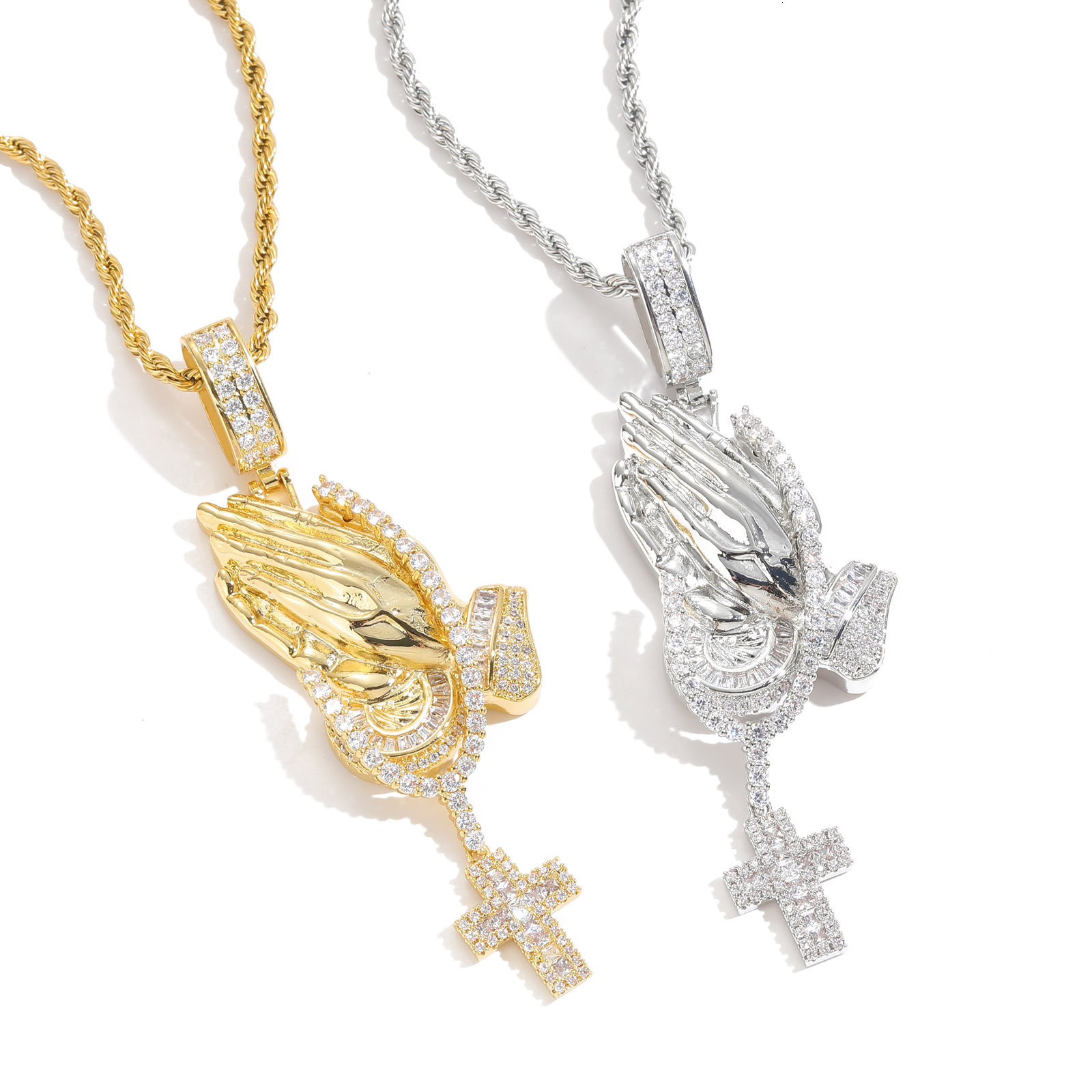 New Style Hip Hop Praying Hands Cross Pendant Ice Out Bling Trendy Moissanite Labubu Necklace doll necklaces Pass the diamond tester