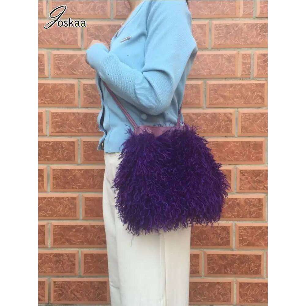 Joskaa Fashion Long Bucket Women Mongolian Sheep Bag Beach Faux Wool Fur One Shoulder Sling Handbag