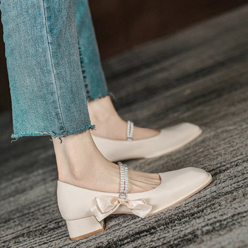 Ladies Pumps with Medium Heels Womens Shoes Gothic Moccasins Bow Square Japanese Style Lolita Toe Mary Jane on Sale 39 Korean 250624