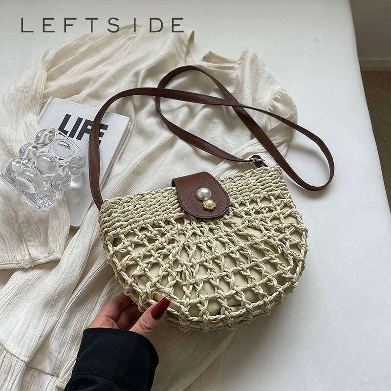 Luxury Designer bags LEFTSIDE Small Hollow Out Straw Crossbody for Women 2025 Fashion Summer Shoulder Bags Lady Travel Handbags Weave Beach Bag