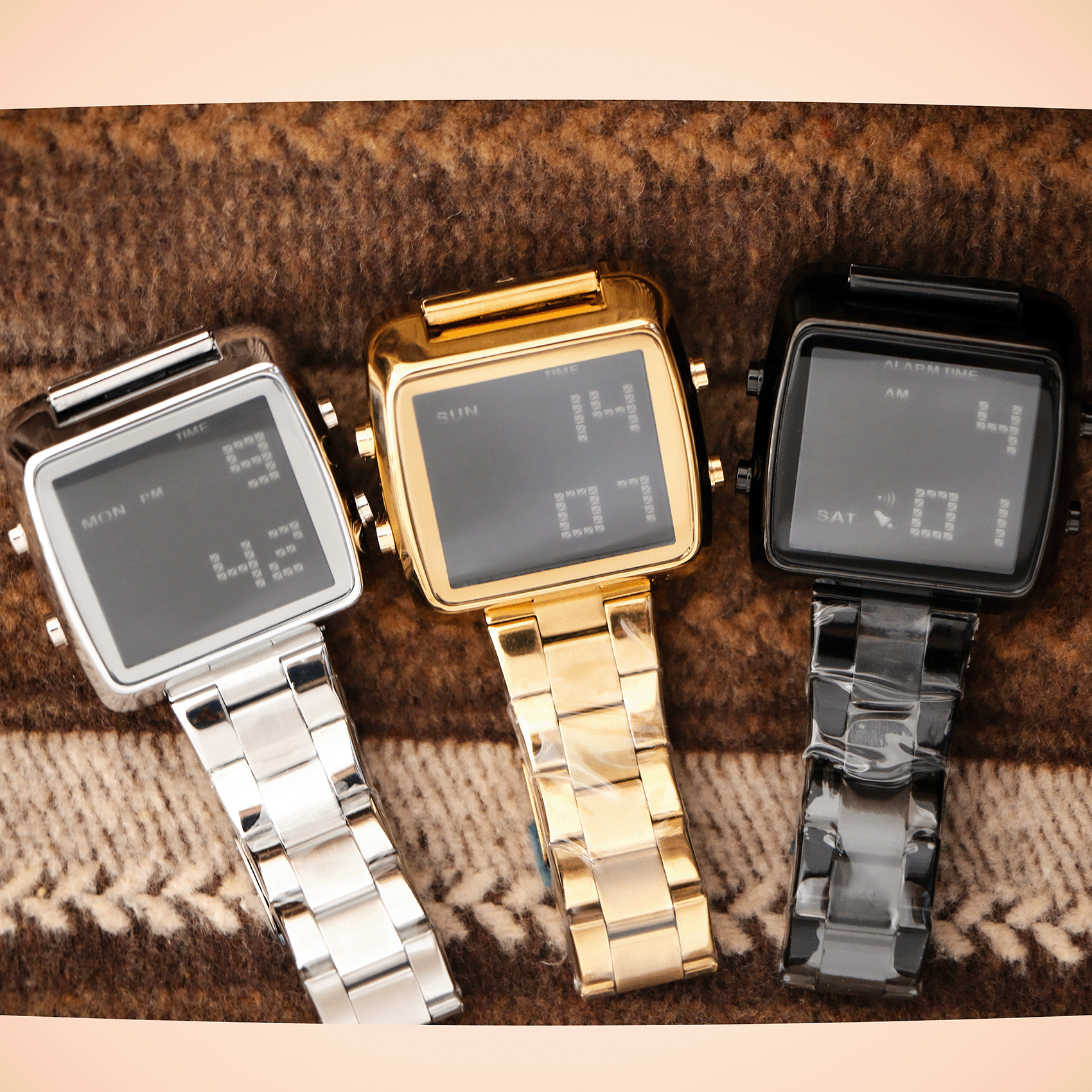 Multifunction LED Watch Stainless Steel Band Stopwatch Calendar Alarm Hourly Chime