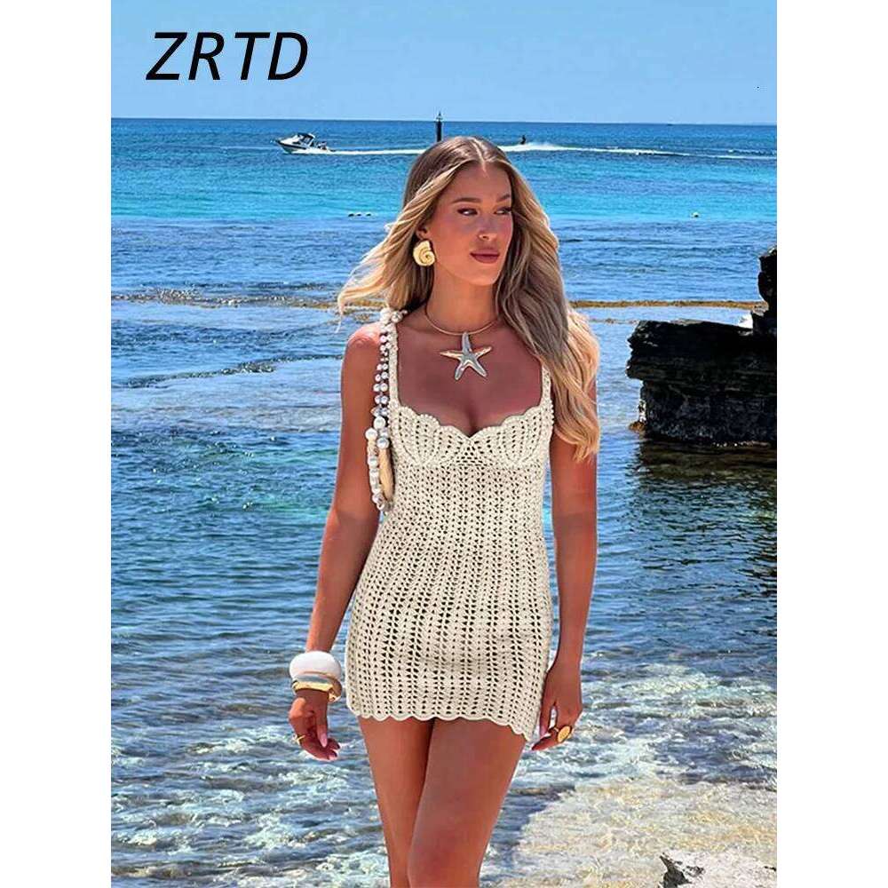 Sexy Knit Short Hollow Out Beach Dress Pearls V-Neck Sleeveless Female Sling Dresses 2025 Spring Summer Lady Vacation Vestidos