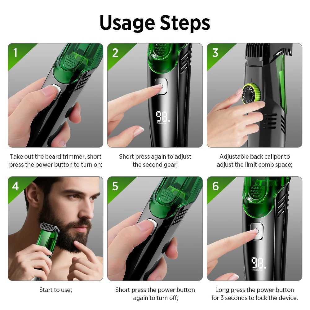 Cordless Rechargeable Men Beard Trimmer Electric Shaver Vacuum Hair Clipper with 2 Guide Combs for Mustache Sideburns Grooming XJ250624
