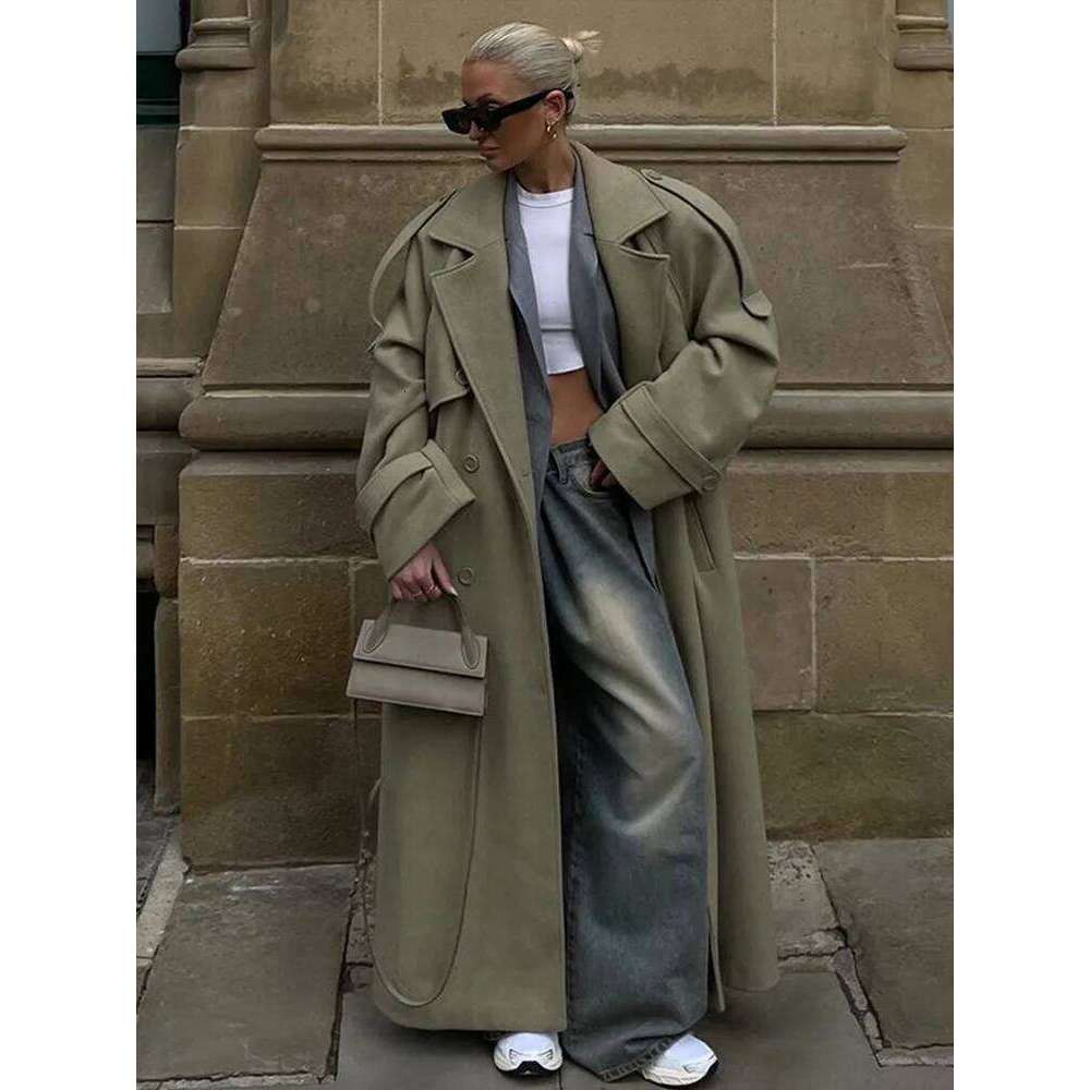 Lapel Woolen Long Coat Women Casual Double Breasted Pockets Shoulder Pads Female Coats 2024 Antumn Winter Thick Warm Lady Jacket