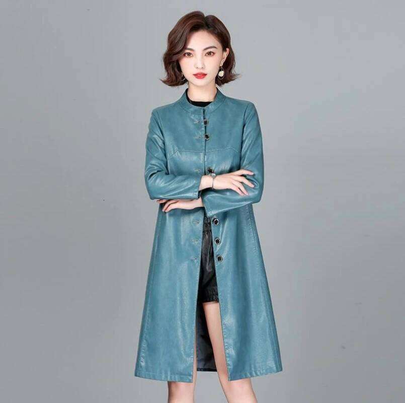 New Women Trench Casual Fashion O-Neck Single Breasted Loose Sheepskin Tops Coat Long Outerwear Split Leather