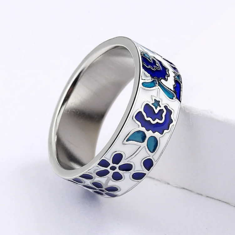 925 Silver Exquisite Womens for Ring Blue Enamel Flower Ring Fashion Handmade Enamel Jewelry Wedding Bridal Ring 250624