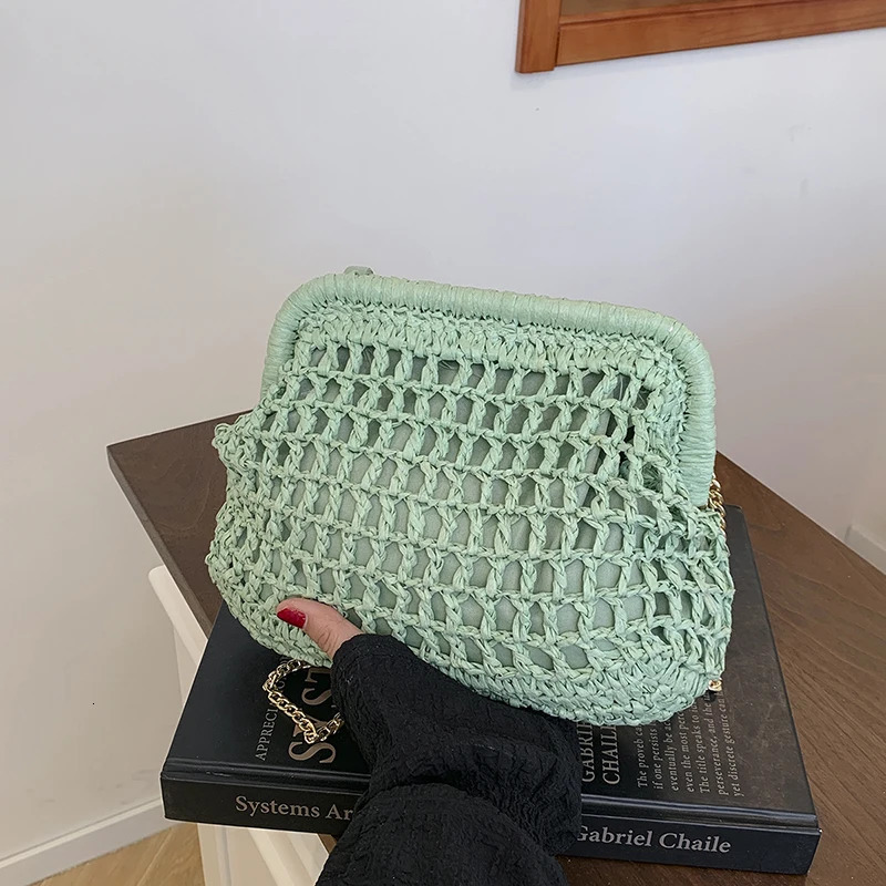 Straw Clutch Purse Hollow Woven Dumpling Bag with Chain Strap Crossbody Crochet Purses for Women Travel Vacation 250624
