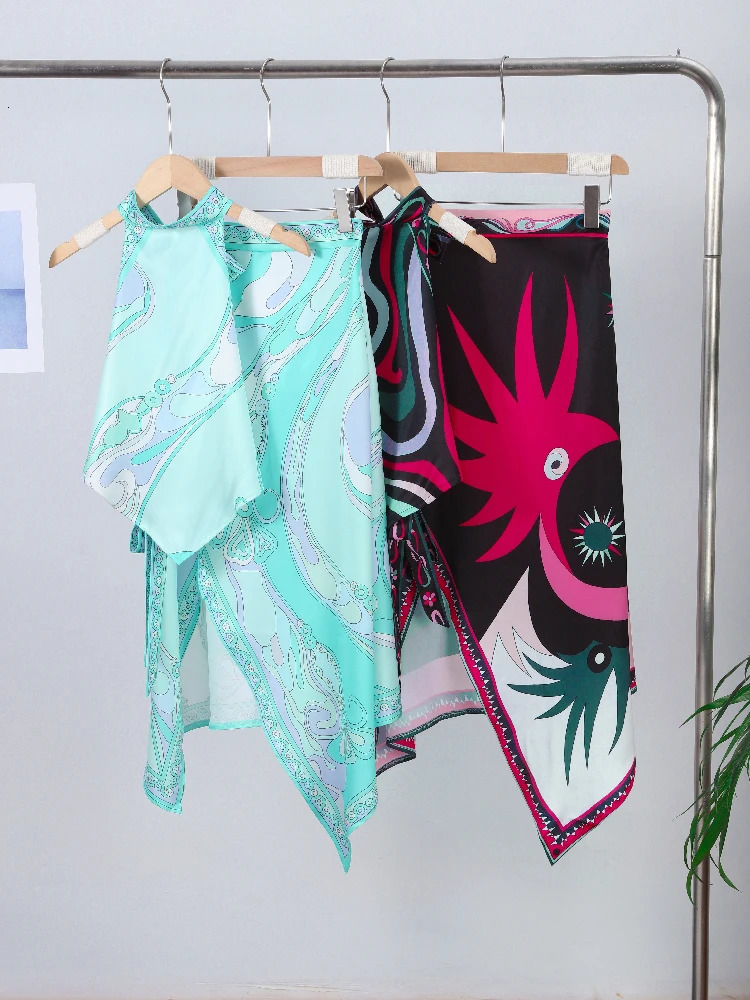 Print Halter Top Skirt Womens Suits Irregular Lace Up Backless Sleeveless Tank High Waist Skirts Sets 2025 Summer Lady Outfits 250614