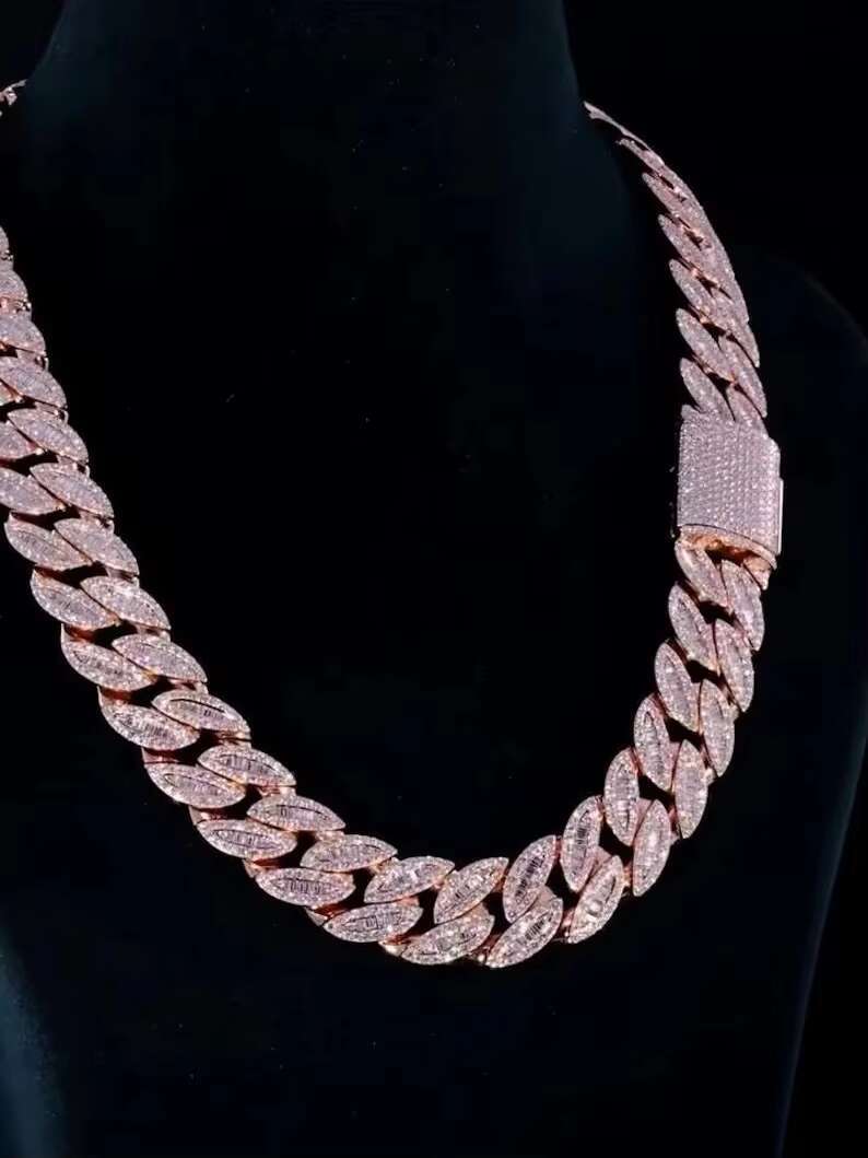 18mm Moissanite Cuban Link Chain Iced Out Necklace with Baguette Round Cut VVS Moissanite Passes Diamond Tester