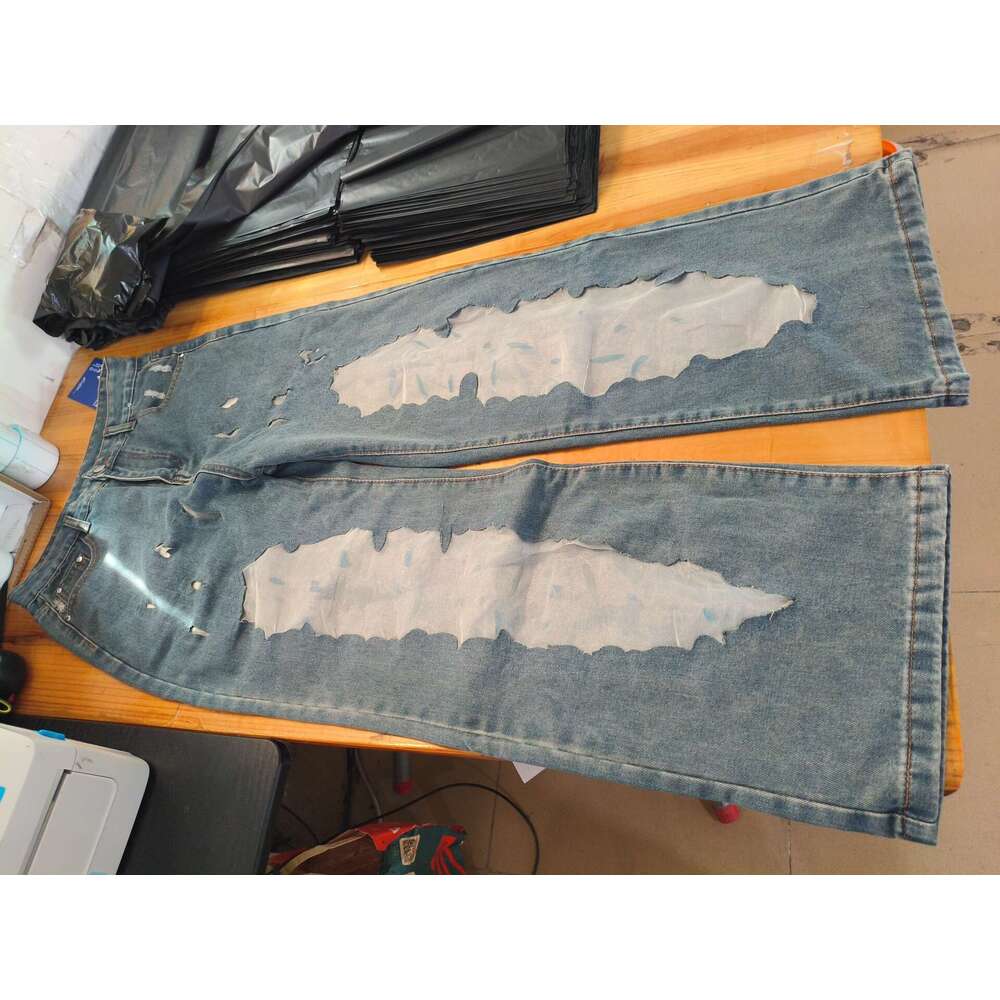 American Style Spicy Girl Straight Hollow Out Texture Niche Design Sense Jeans Loose Wide Leg Long Pants B5