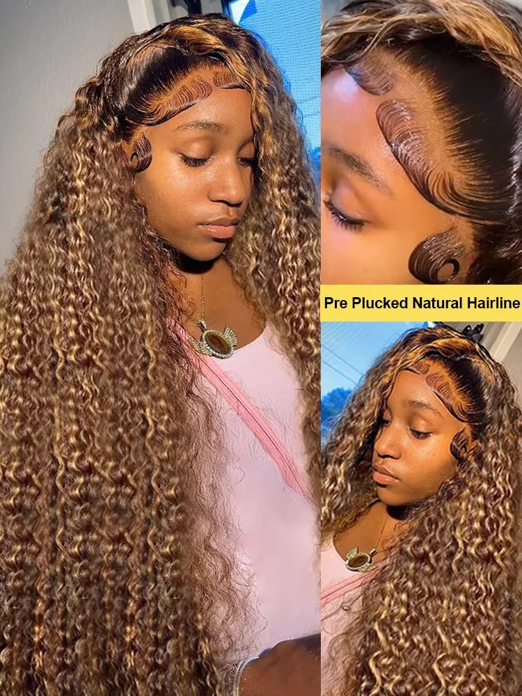 30 34 Inch Highlight Ombre HD Lace Frontal Wig Water Curly Human Hair Wigs 250 Density 13x4 Deep Wave Color Lace Front Wig Synthetic
