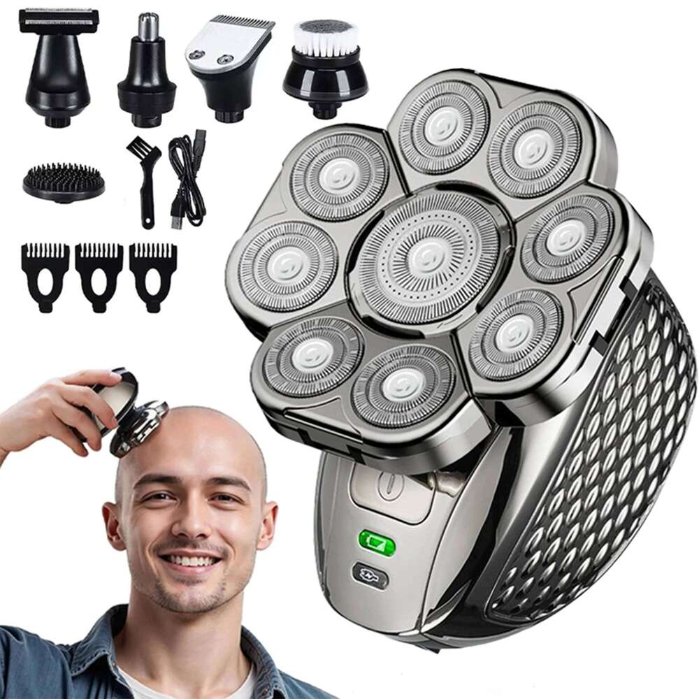 Men's Bald Head Electric Shaver 9 Blades Floating 6 In 1 Heads Beard Nose Ear Hair Trimmer Facial Brush USB Rechargeable Razor