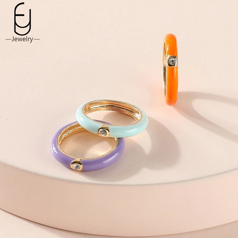 Colorful Enamel Summer 18K Gold Rings Shiny Rings Fashion Wedding Engagement Rings for Women Party Trend Jewelry 250624