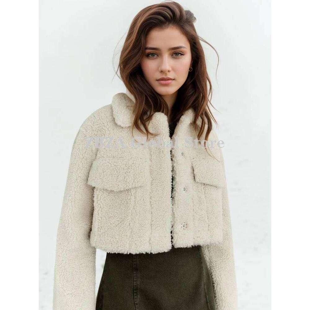 ZBZA Women Thick Warm Faux Fur Jacket Vintage Long Sleeve Lapel Patch Pocket Hidden Button Loose Outerwear Winter Lady Coat
