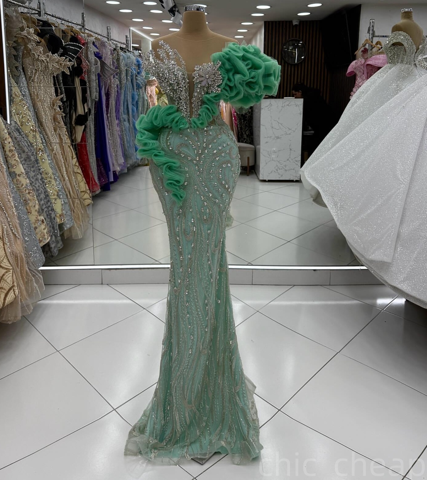 Green Mermaid Prom Dresses 2025 Rhinestones Ruffles Sequined Sparkly Evening Formal Party Second Birthday Engagement Gowns Plus Size Dress For Special