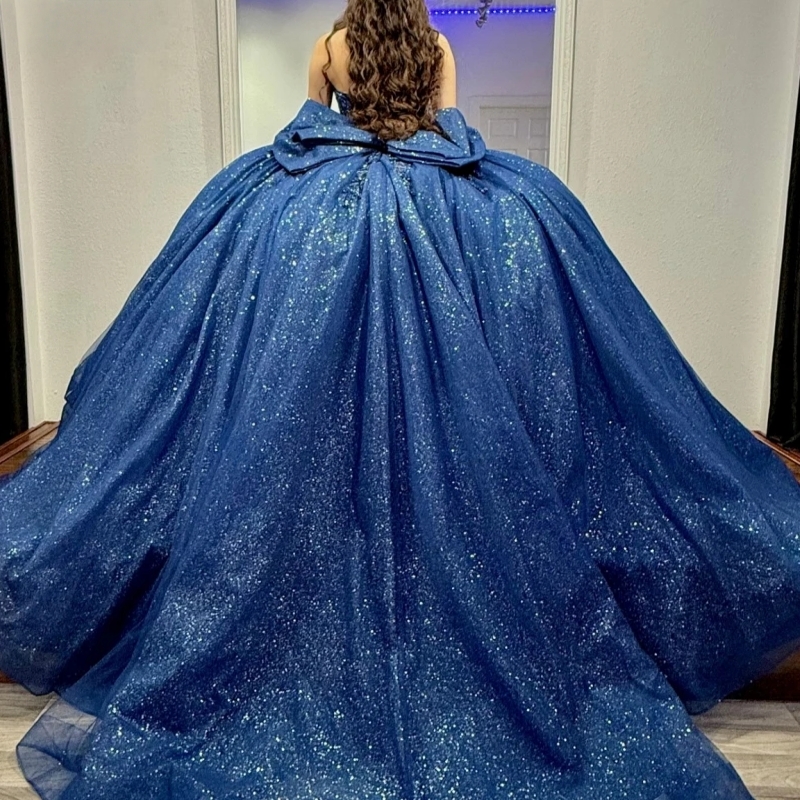 Navy Blue Shiny Quinceanera Dresses Ball Gown Applique Lace Beading Tull Bow Corset Sweet 16 Dress Vestidos De 15 Anos