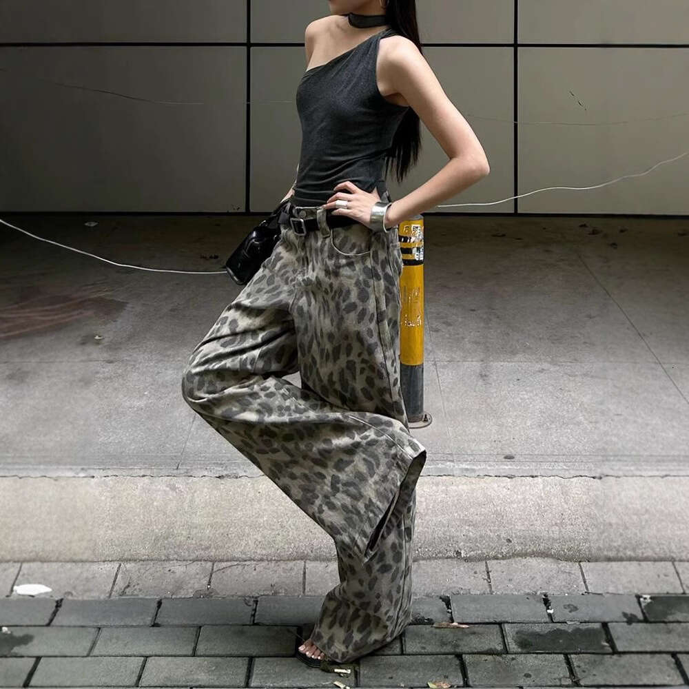 Vintage Washed Leopard Print Jeans For Women, Spring And Autumn New Style, Hip-Hop Casual Floor-Length Pants B5