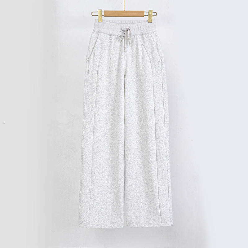 Autumn Winter Fleece Lined Sweatpants Mid-Waist Wide-Leg Casual Versatile Slimming Elastic Waist Straight-Leg Outdoor Warm Sports Pants