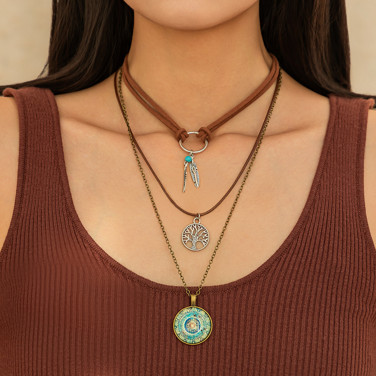 Ethnic Multi-layered Necklace Set with Large Tree Round Pendant Beads for Women