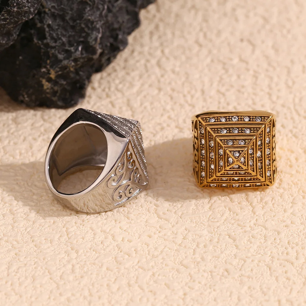 MamacitaSlay In Vintage Four Story Pyramid Vine Waterproof Men Ring Stainless Steel Jewelry Man Accessories Gifts 250624