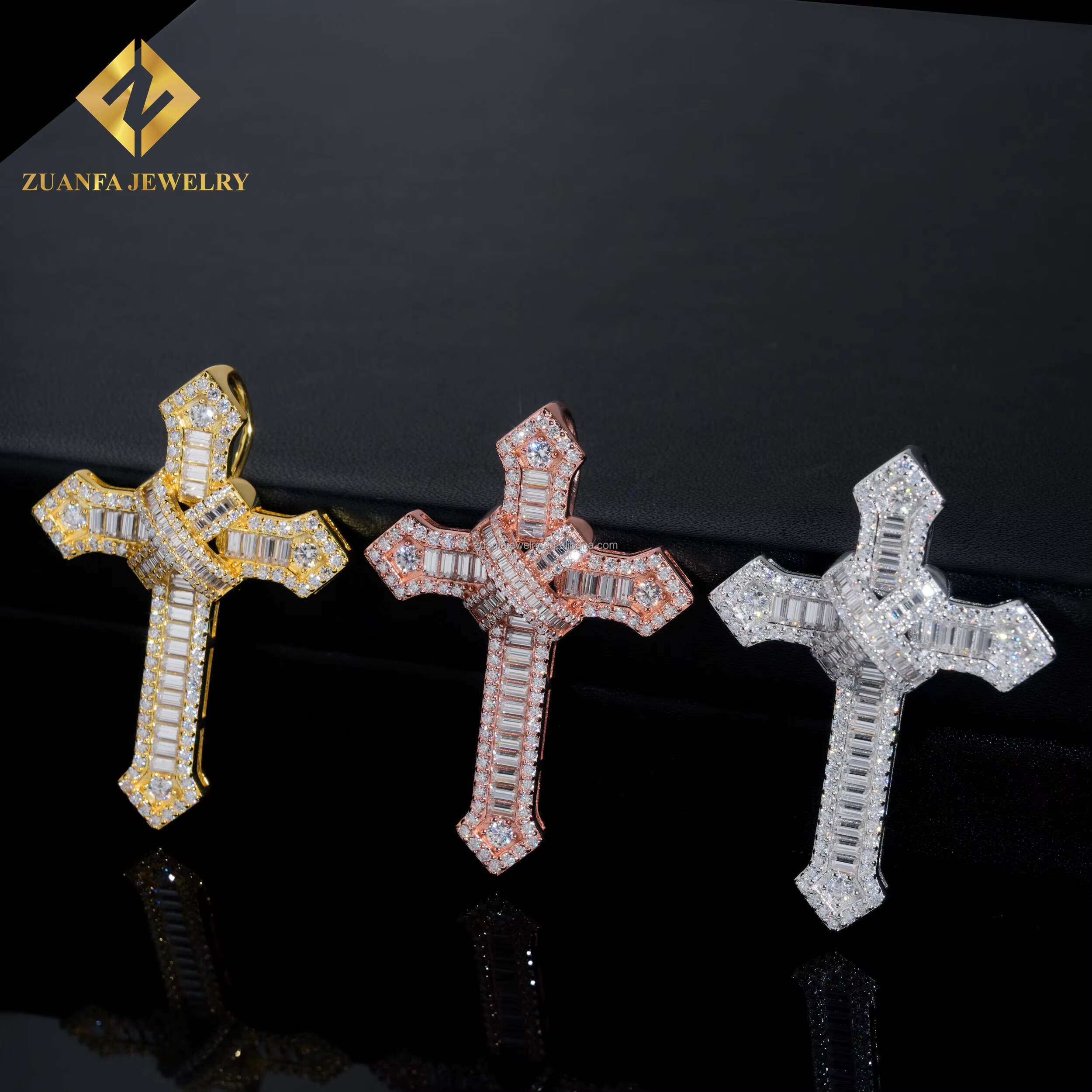 Wholesale Price Pass Diamond Tester GRA Certificate Iced Out Hip Hop Jewelry Baguette Moissanite Diamond Cross Pendant Chain