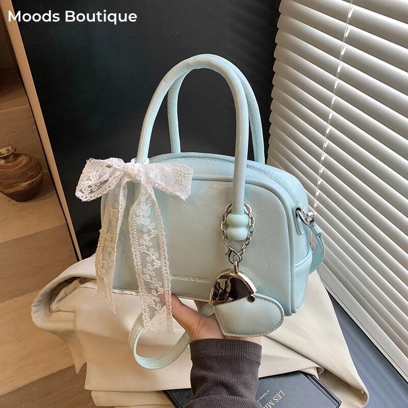 high-quality MOODS Mini Boston Shoulder Crossbody Bags For Women Lace Bowknot Round Top-handle Bag With Heart Pendant 2025 Designer Handbags